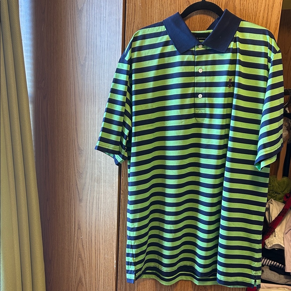Greg Norman Collection Green and Navy Striped Polo